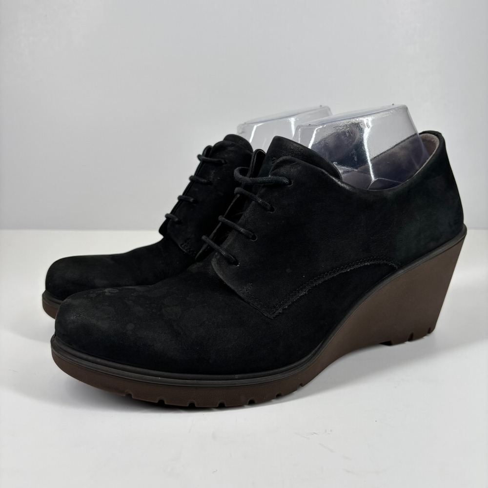 ECCO Adora Women's US 8/8.5 Black Leather Lace-Up Heeled Wedge Ankle Boot Bootie